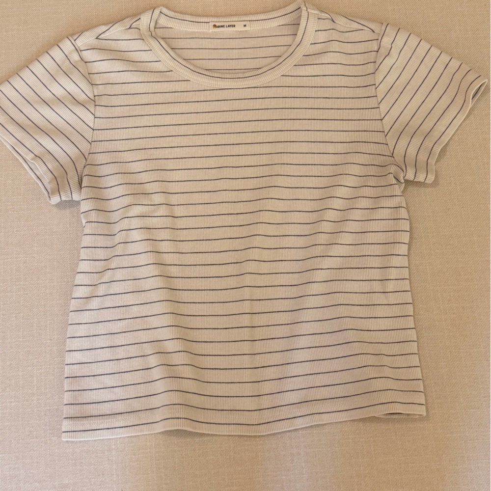 Marine Layer Ribbed Striped Short Sleeve Knit Tee - Cream with Navy Stripes